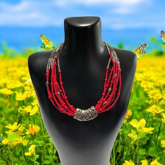 Chico’s Red and Silver Beaded Necklace, Choker, Vintage. Tribal charm design - Picture 1 of 10
